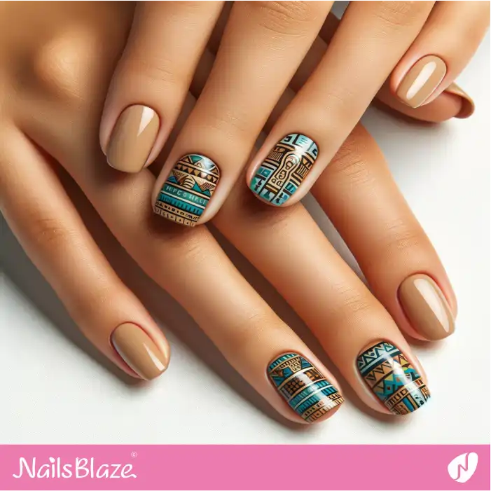 Brown and Blue Aztec Geometric Nails | Tribal Nails - NB2351